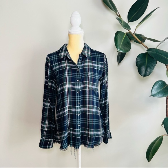 Joie Tops - soft joie green and blue plaid flannel raw hem